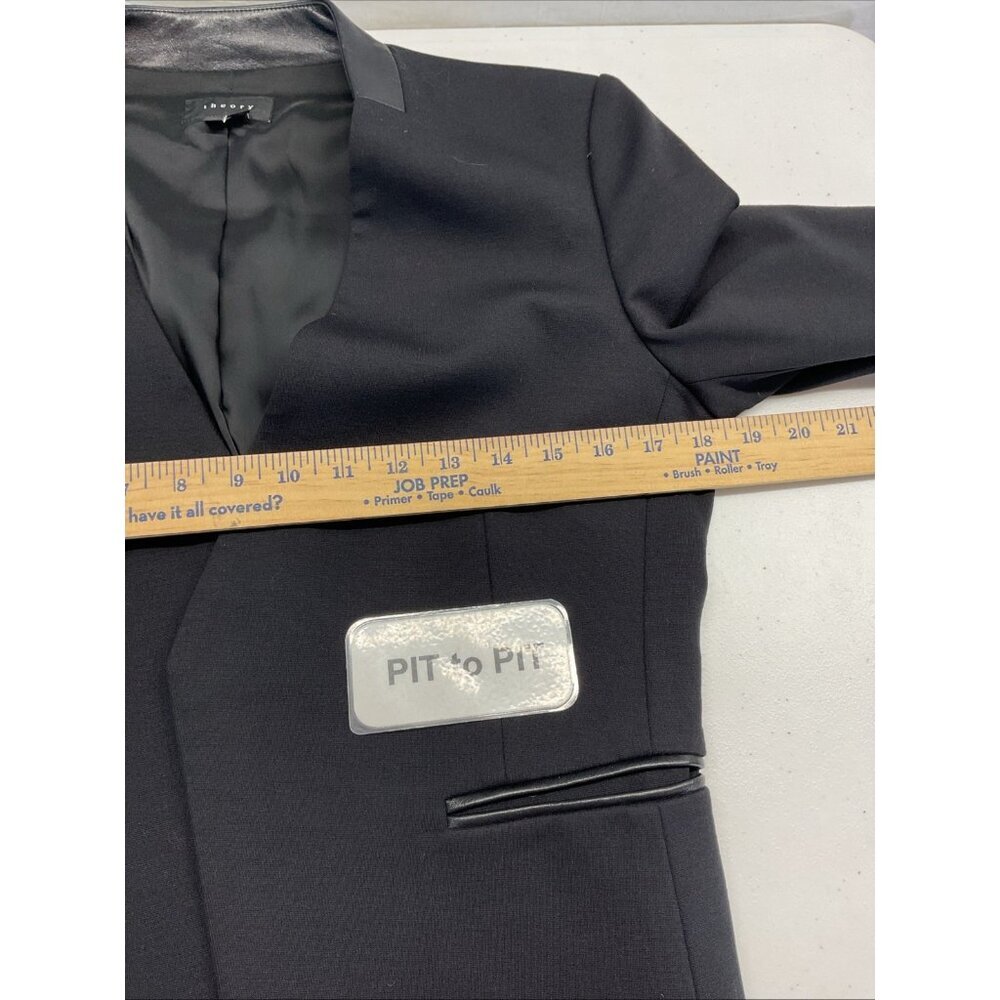 Theory Women's Black Lanai Classic Open-Front leather trim Blazer Jacket Size 10 - Picture 10 of 13